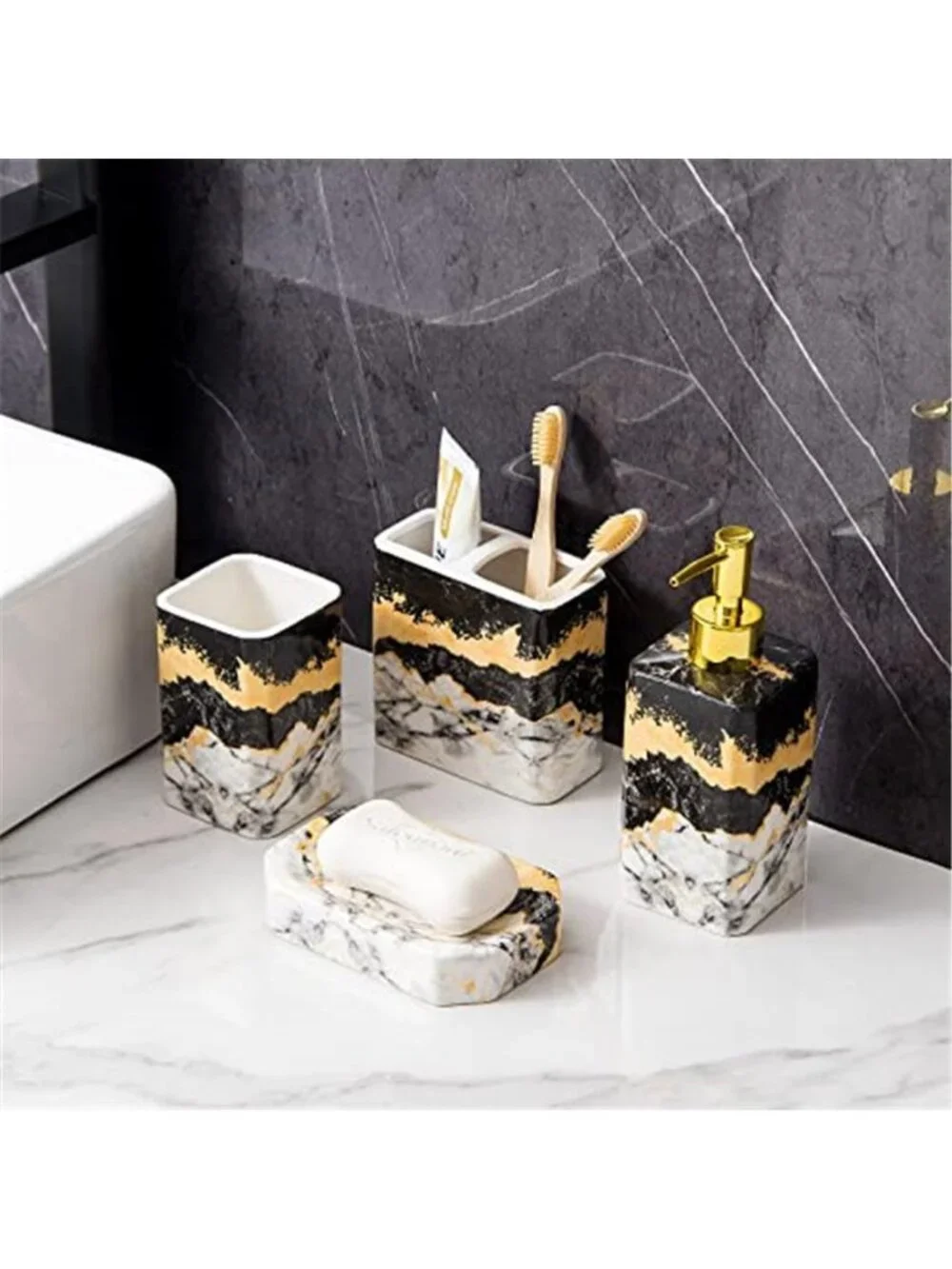 Bathroom Accessories Set Ceramic Marble Black White Soap Dispenser Toothbrush